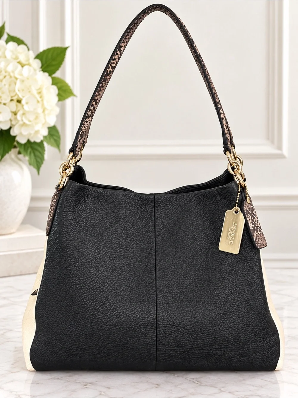 Coach Madison Phoebe Ivory Black Snakeskin Pebbled Leather Shoulder Bag